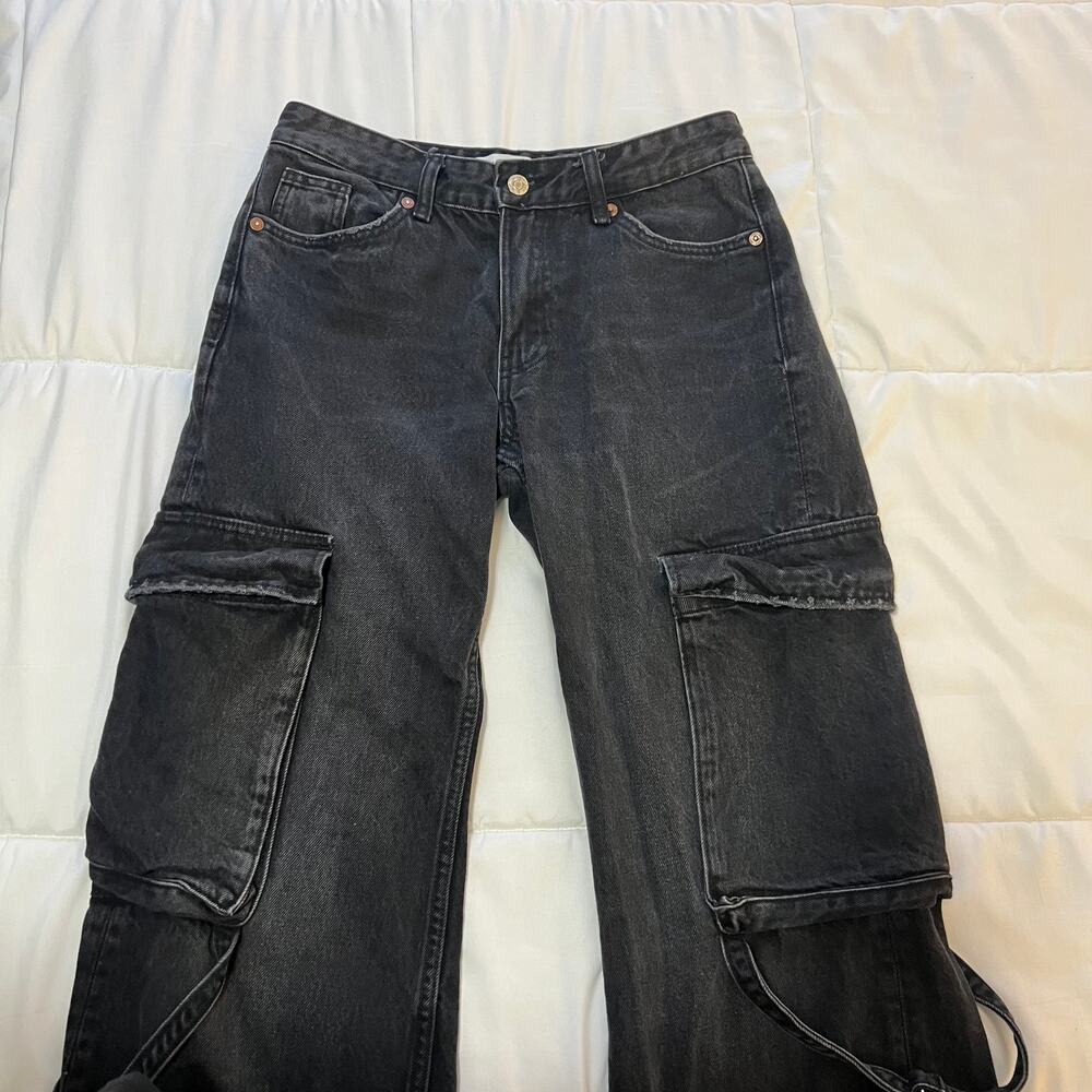 Zara Faded Black Denim Cargo Pants Womens 4 High Waisted Wide Leg Utility Straps